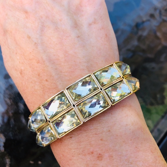 Gold-tone Statement Bracelet Clear Stones Stretch - Picture 1 of 4